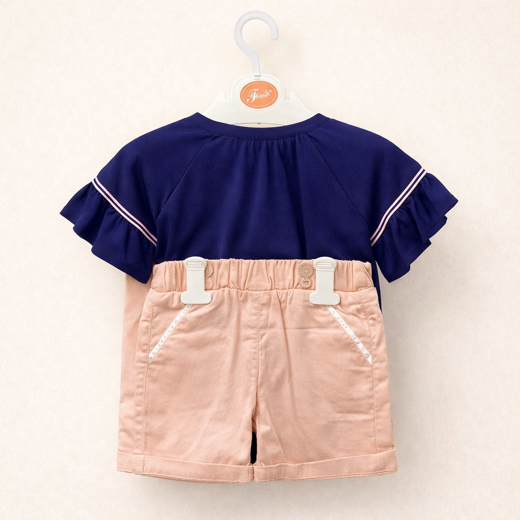 Girls Navy & Peach Shorts Set – 2 Piece Outfit