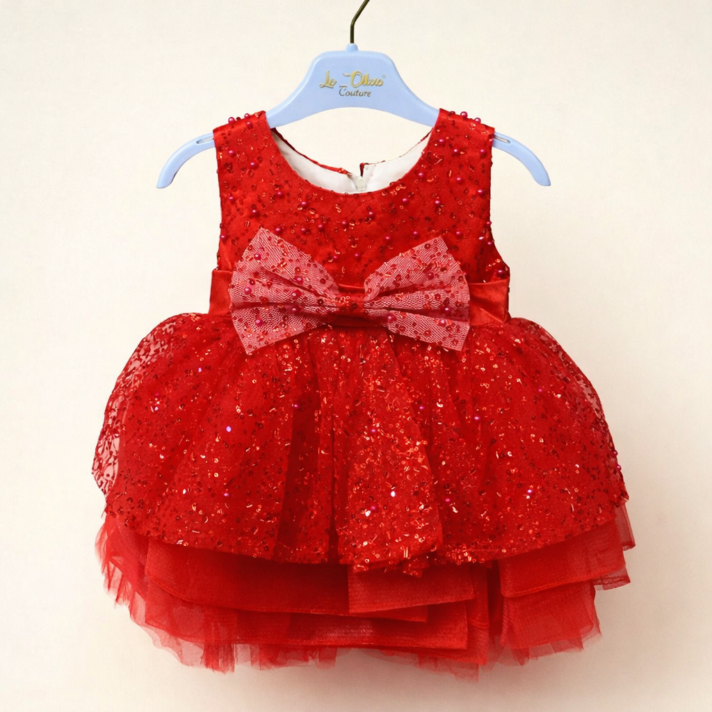Luxury Baby Girl Red Sequin Party Dress with Satin Bow