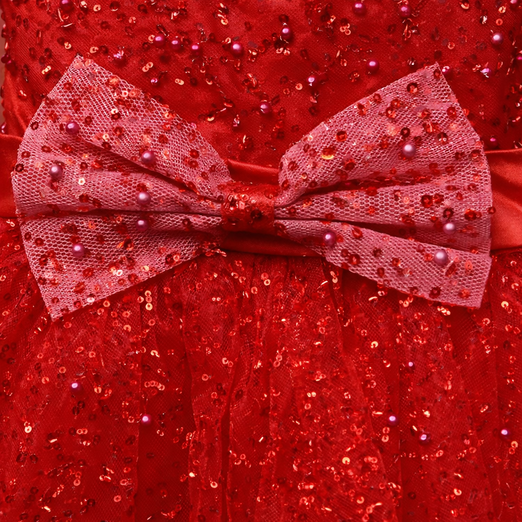 Luxury Baby Girl Red Sequin Party Dress with Satin Bow - Image 2
