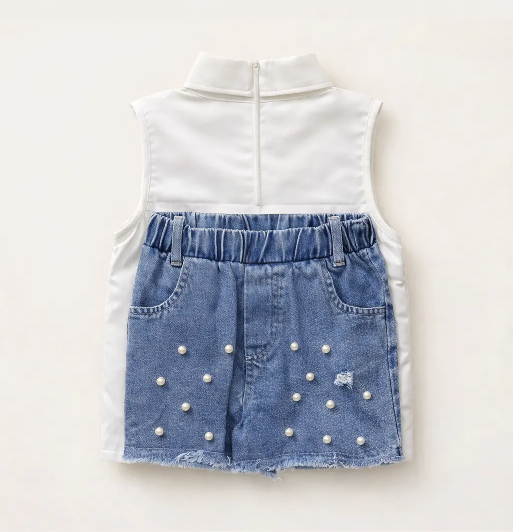 Baby Girl 2 Piece Denim Shorts Set | Pearl Detail Summer Outfit