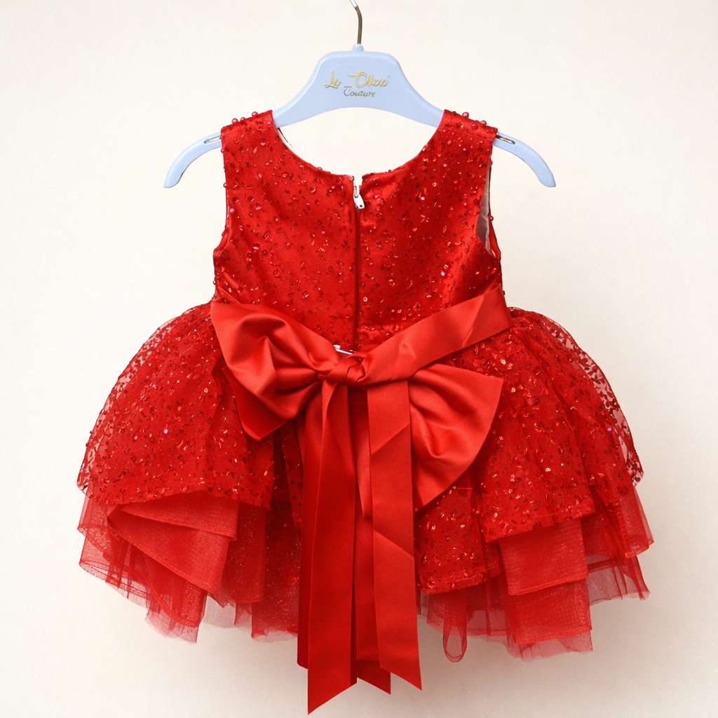 Luxury Baby Girl Red Sequin Party Dress with Satin Bow - Image 3