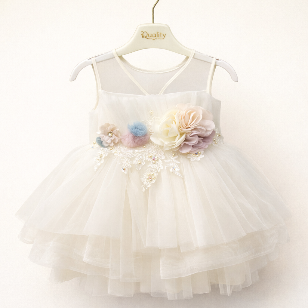 Luxury Baby Girl Ivory Tulle Flower Party Dress