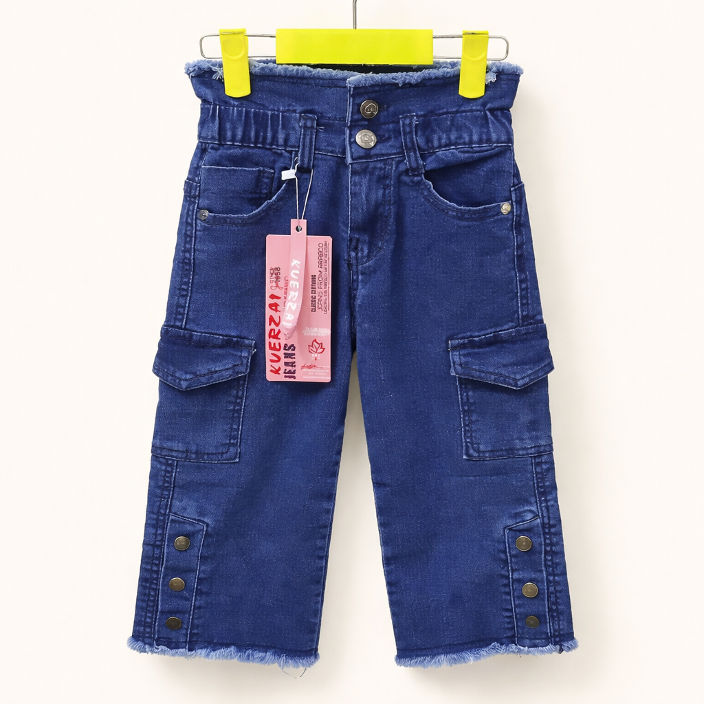Baby Girl Cargo Denim Jeans | Blue Fashion Wide Leg Pants