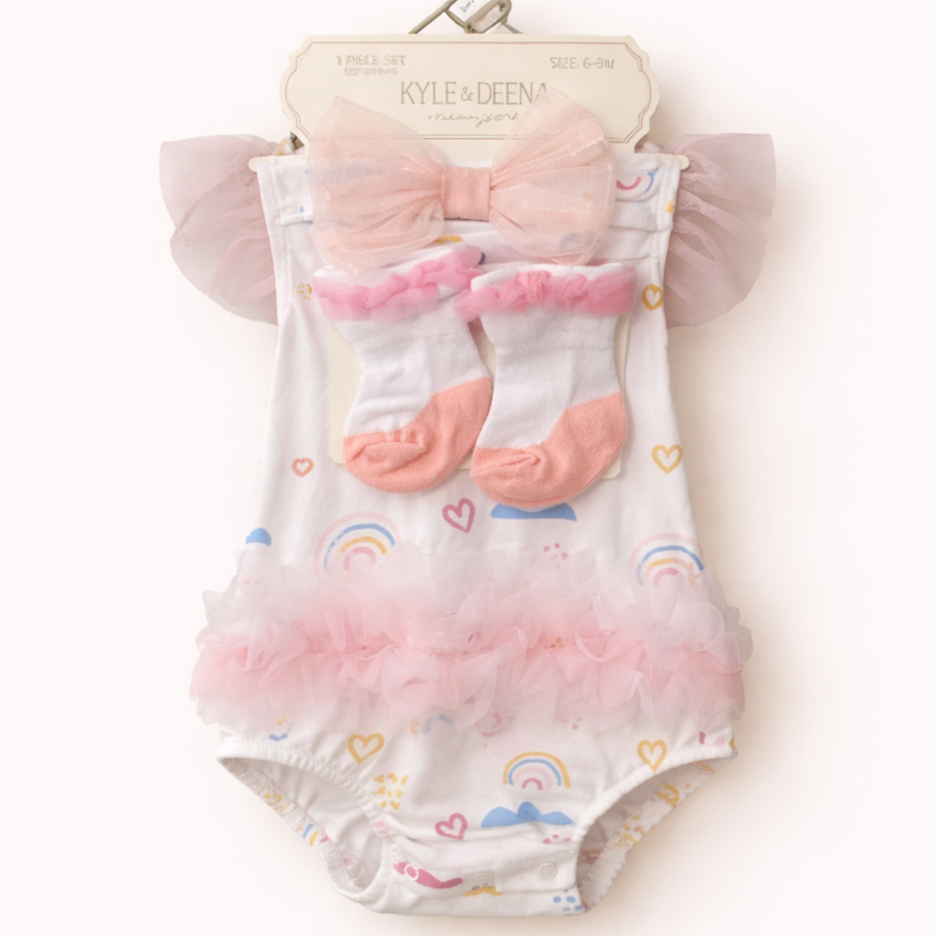 Baby Girl Rainbow Romper Set with Headband & Socks | 3 Piece Outfit