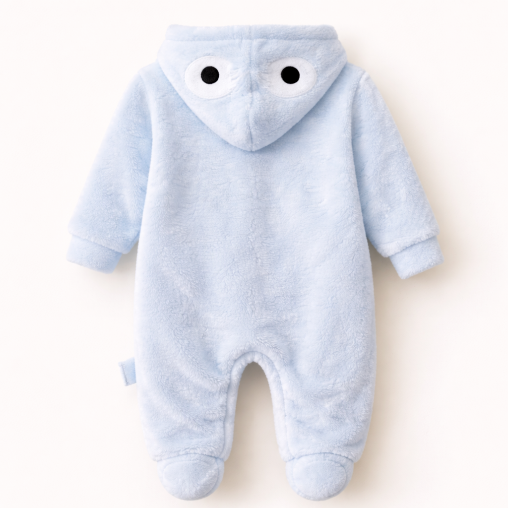 Baby Fleece Hooded Romper | Blue & White Winter Onesie - Image 3