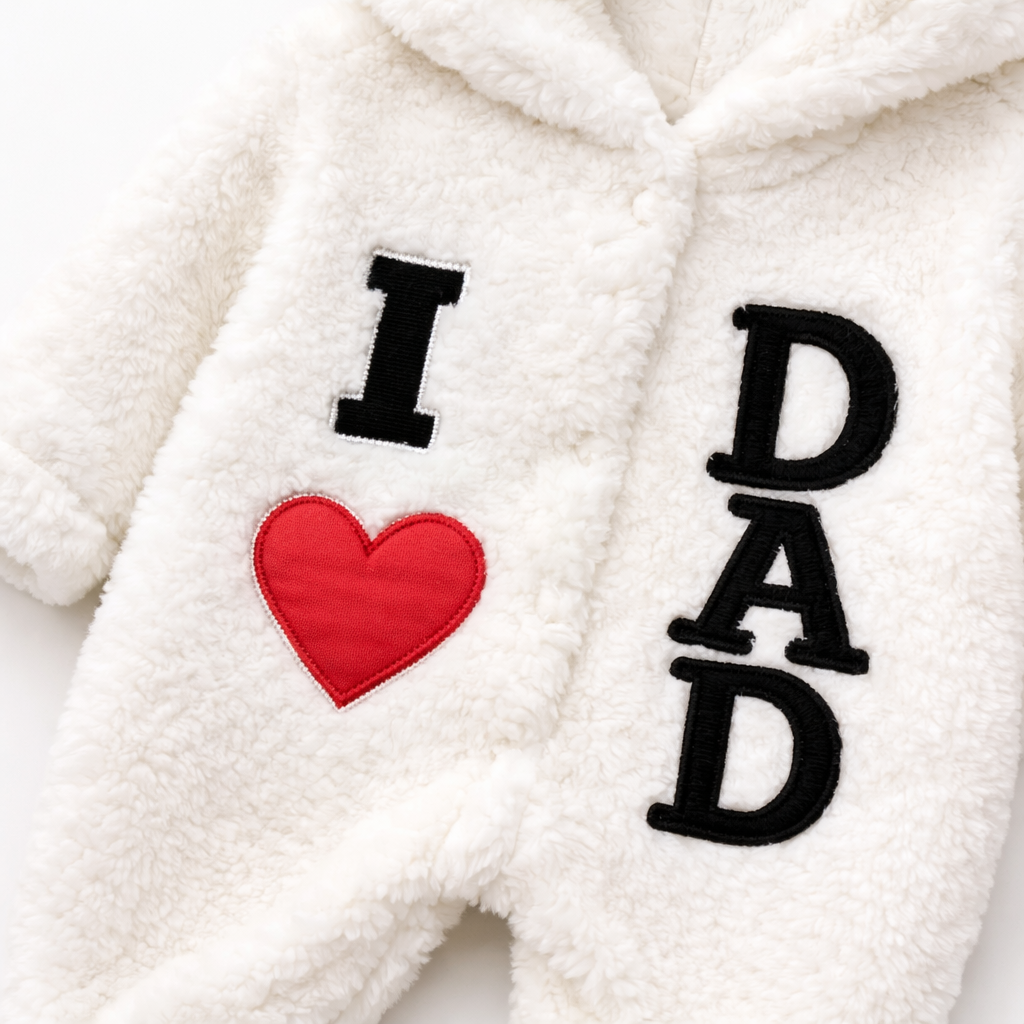 Baby “I Love Dad” Cream Fleece Hooded Onesie - Image 2