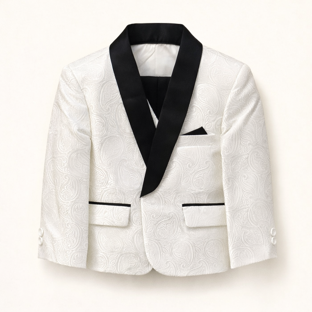Boys White Paisley Tuxedo Blazer | Kids Formal Wedding Jacket